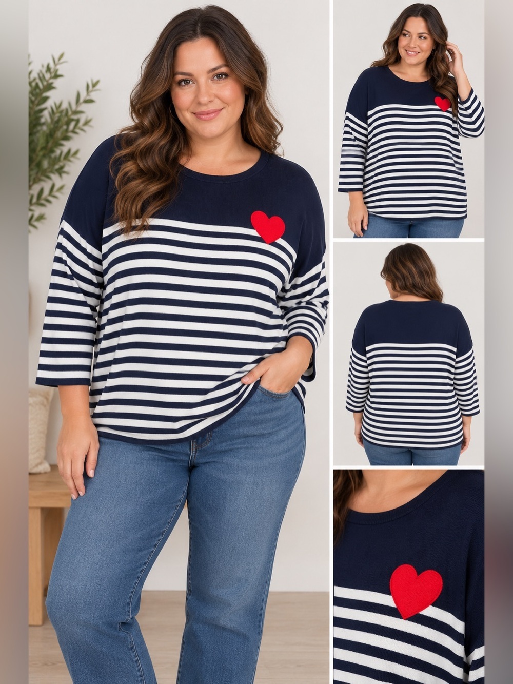 🎉4 for $40🎉Philosophy Woman 2X Navy Striped Red Heart Sweater Plus Size